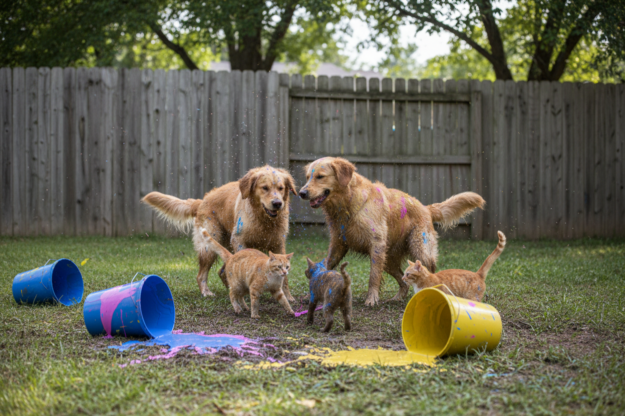 A hyper-realistic, high-resolution action shot of Golden Retrievers and cats playing chaotically in a backyard. The animals are running and splashing, covered in wet brown mud and vibrant splashes of colorful paint (blue, pink, purple, and yellow). Toppled paint buckets are lying on the grass with paint spilling out into the mud puddles. The background is a tall, natural wooden privacy fence with trees visible above it. No text, no graffiti. Soft natural daylight, cinematic depth of field, 8k, photorealisti
