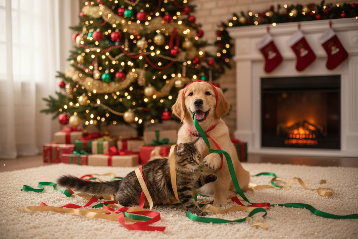 christmas holiday themed photo of pets playing with ribbons