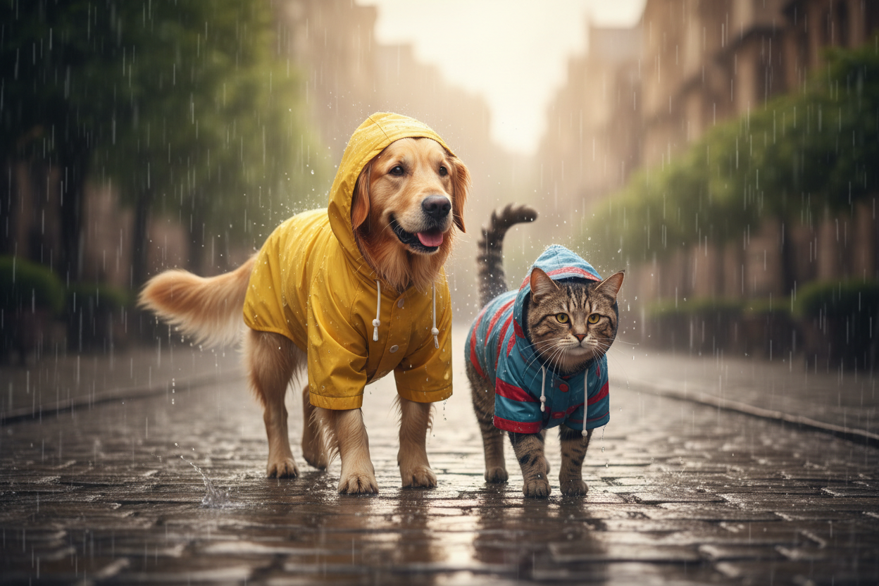 dog and cat in raincoat walking in rain